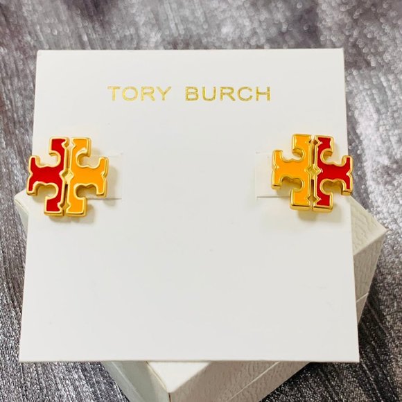 TORY BURCH Earrings • Gold Red Logo Mustard Yellow Earrings - Picture 10 of 13